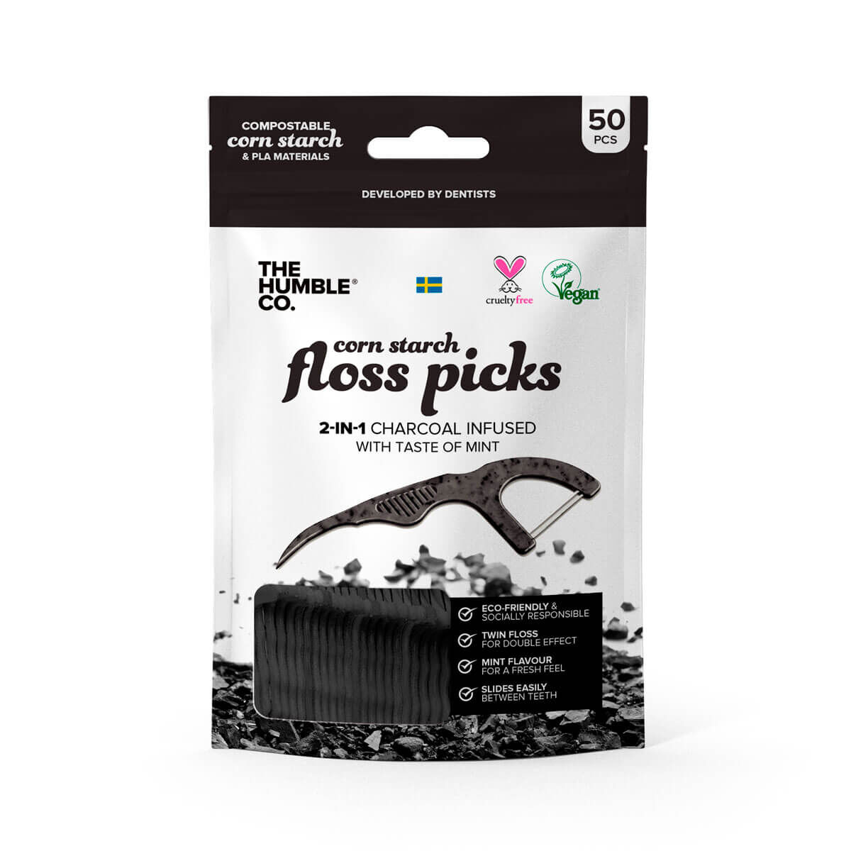 The Humble Co. Zahnseide-Sticks aus Maisstärke mit Aktivkohle